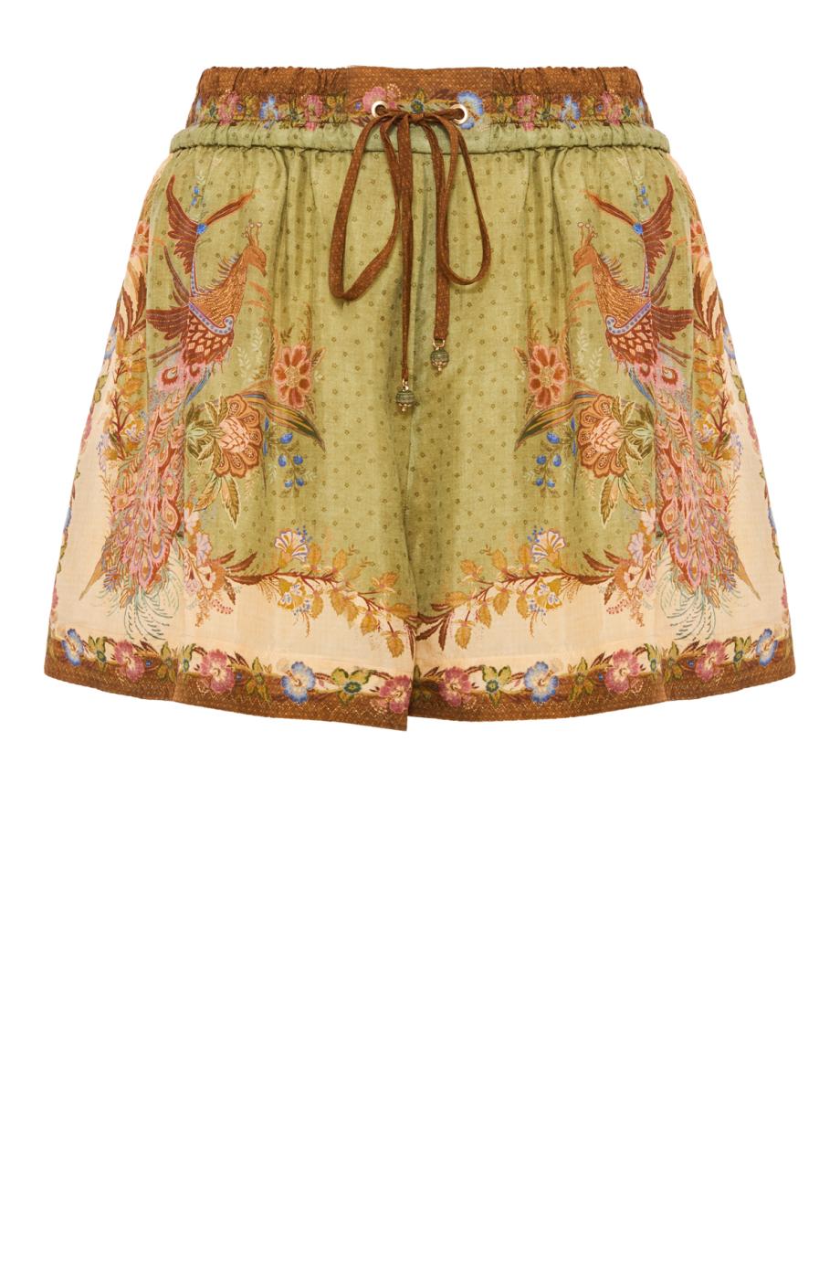 Indra Relaxed Scarf Floral silk shorts in khaki