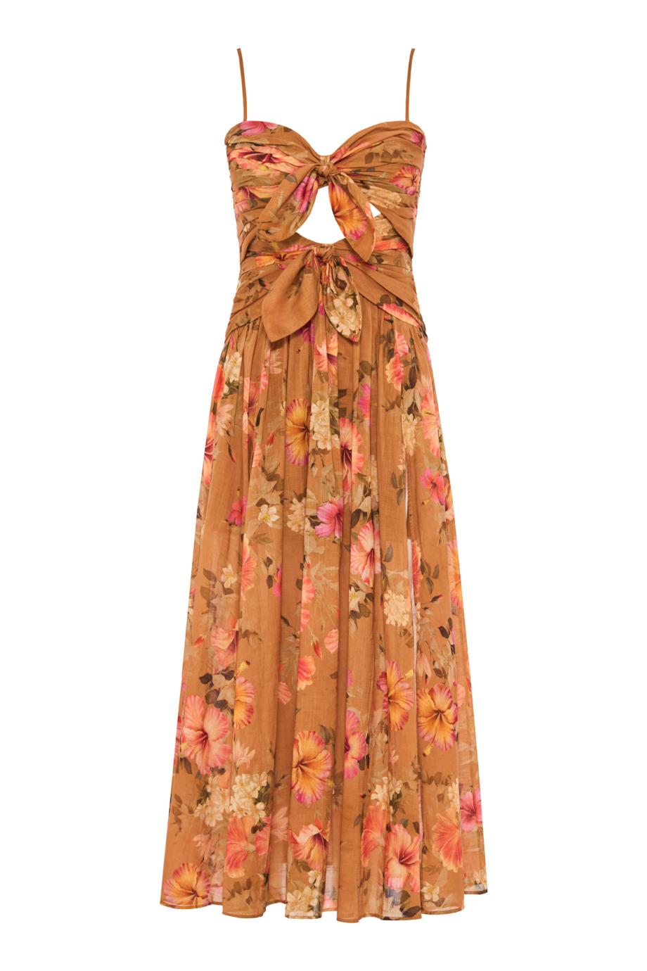 Mahon Tie Front knotted printed cotton midi dress in hibiscus