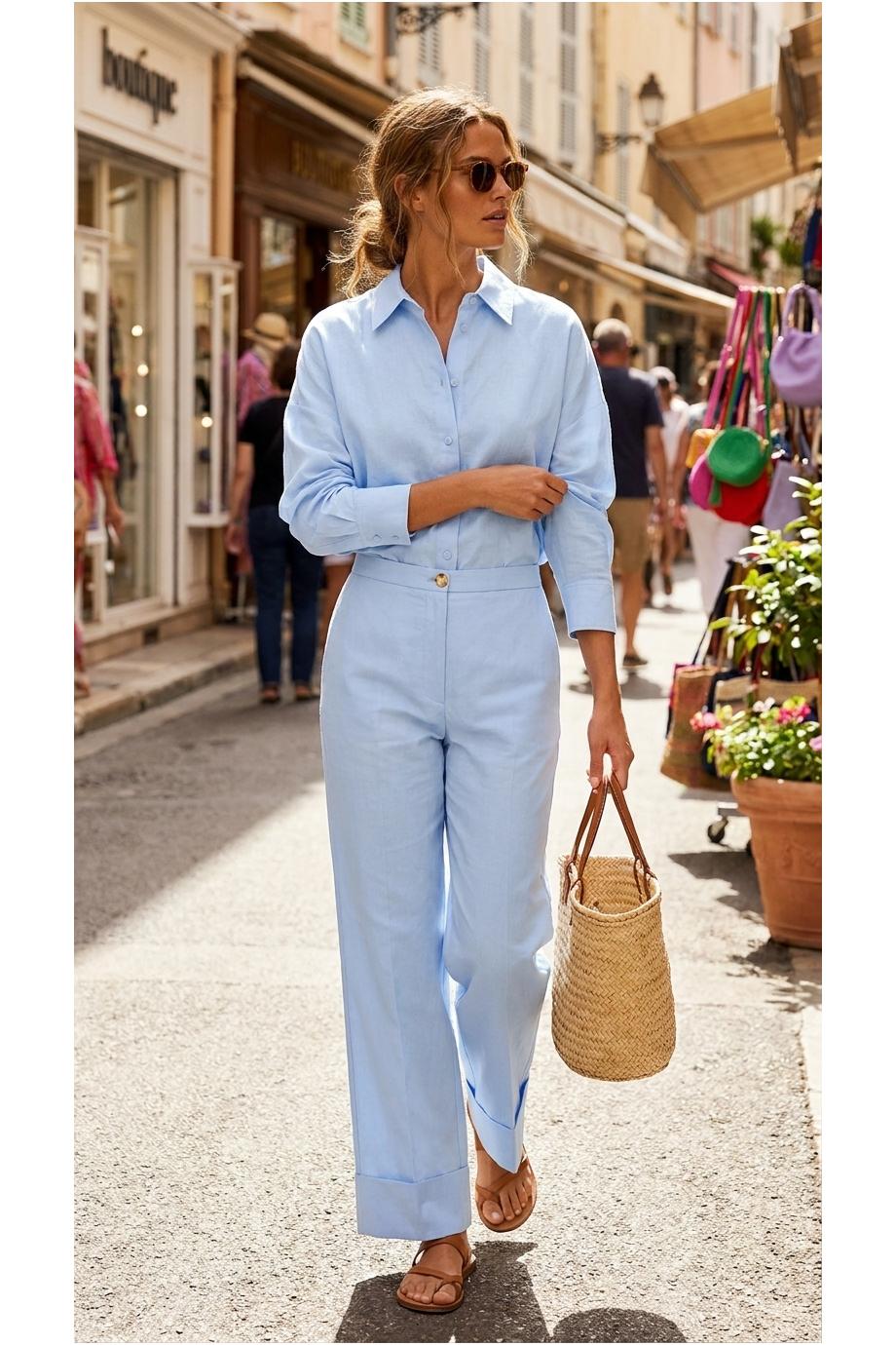 Cotton-poplin cropped pants in light blue