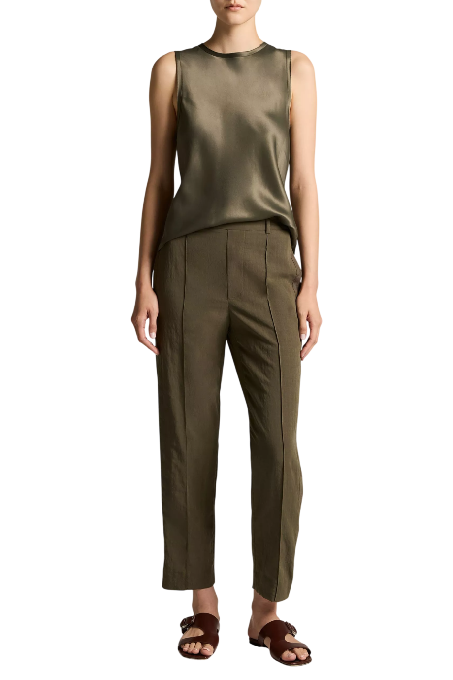 Satin sleeveless top in pine green