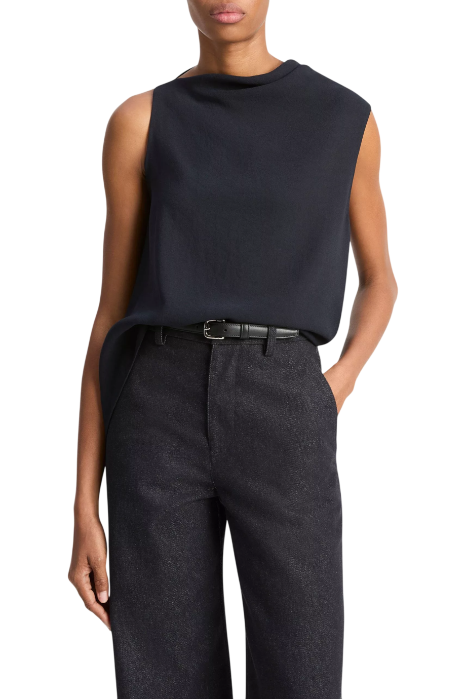 Draped asymmetric sleeveless top in black