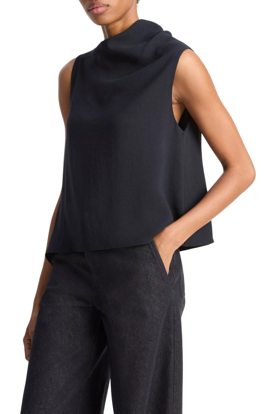 Draped asymmetric sleeveless top in black