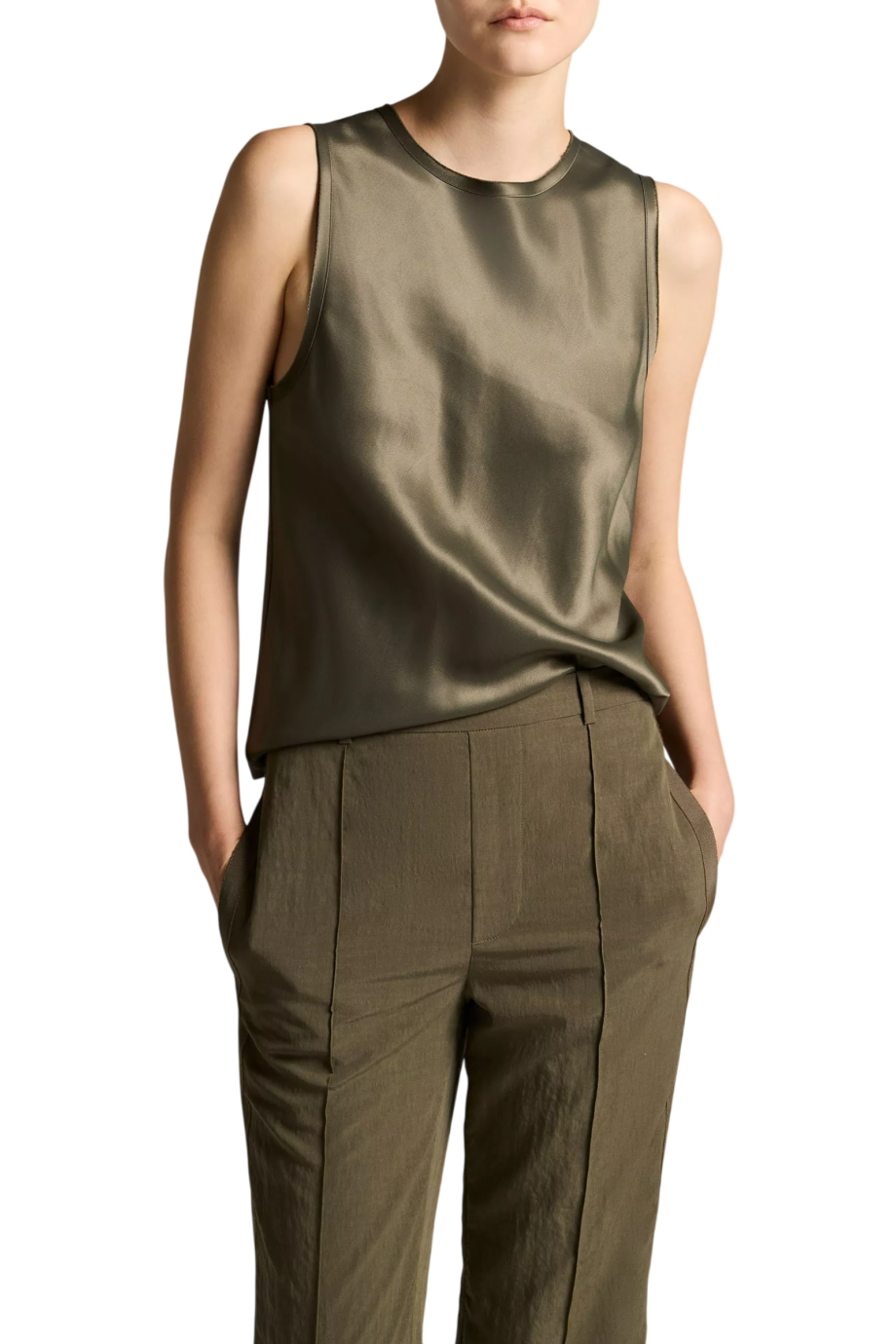 Satin sleeveless top in pine green