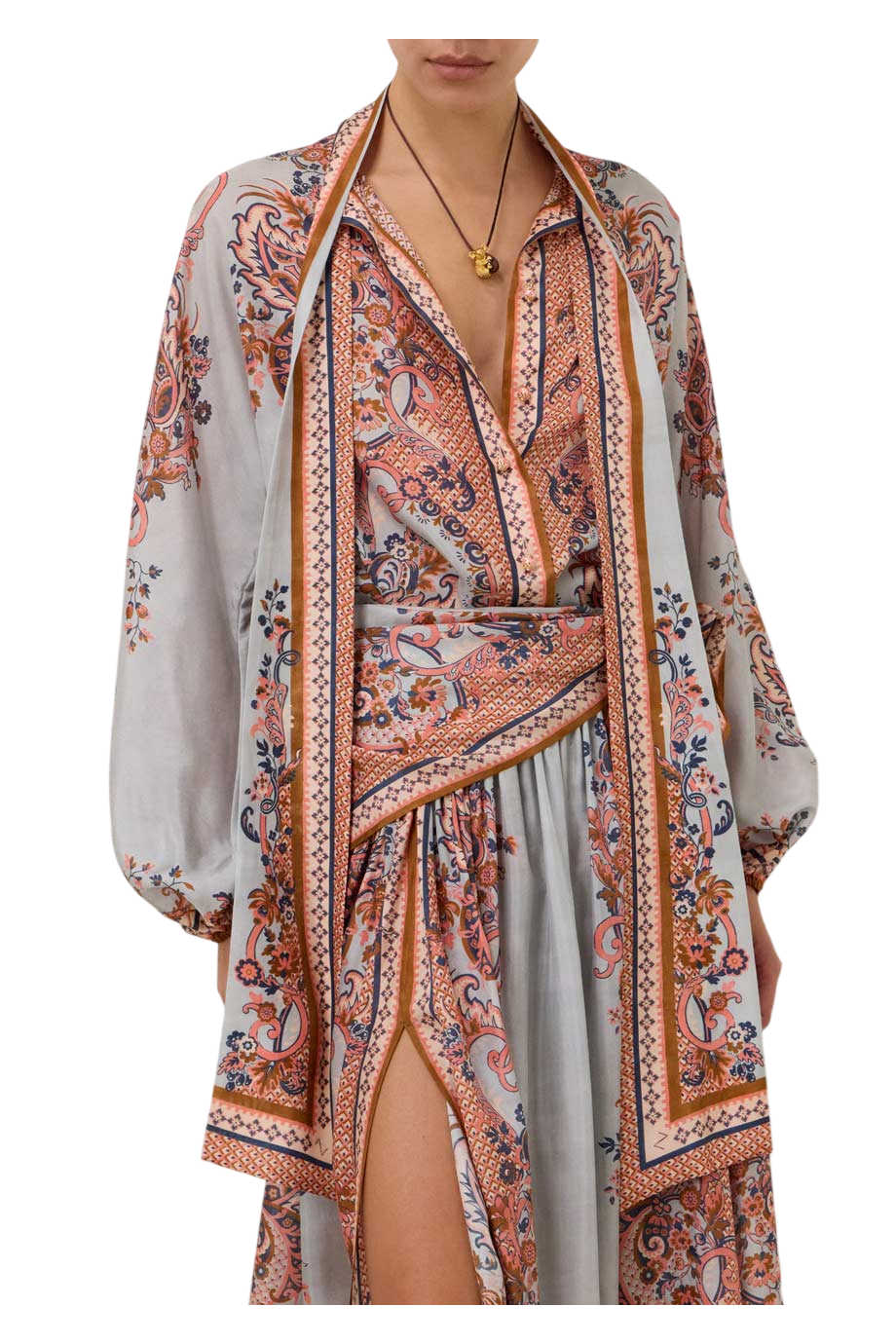 Silk printed blouse in coral paisley