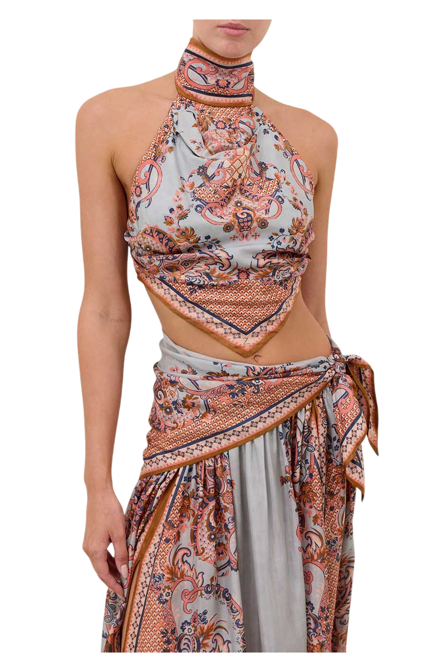 Silk printed top in coral paisley
