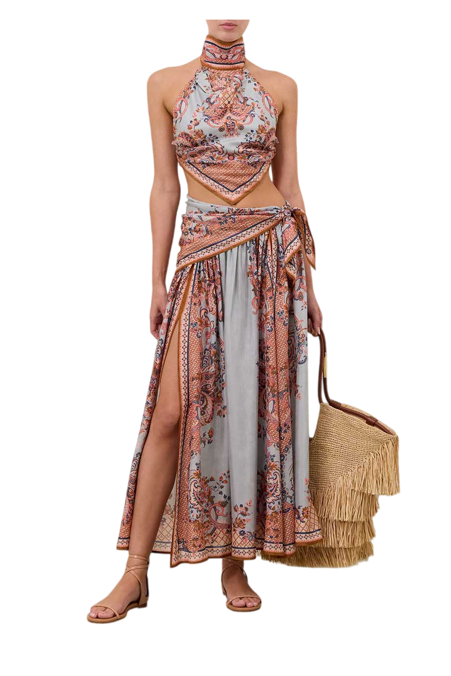 Silk printed midi skirt in coral paisley