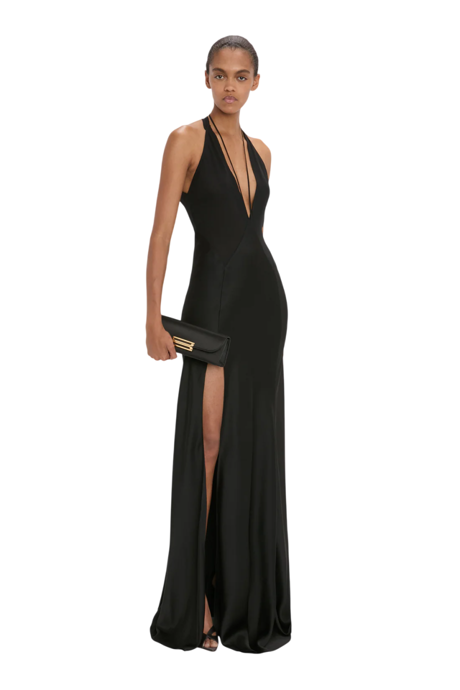 Dorian East-West satin clutch in black