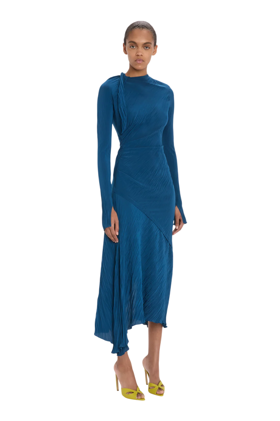 Plissé jersey maxi dress in dark ocean