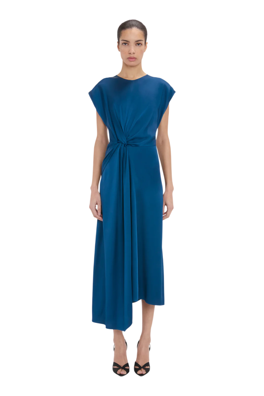 Aria satin midi dress in dark ocean
