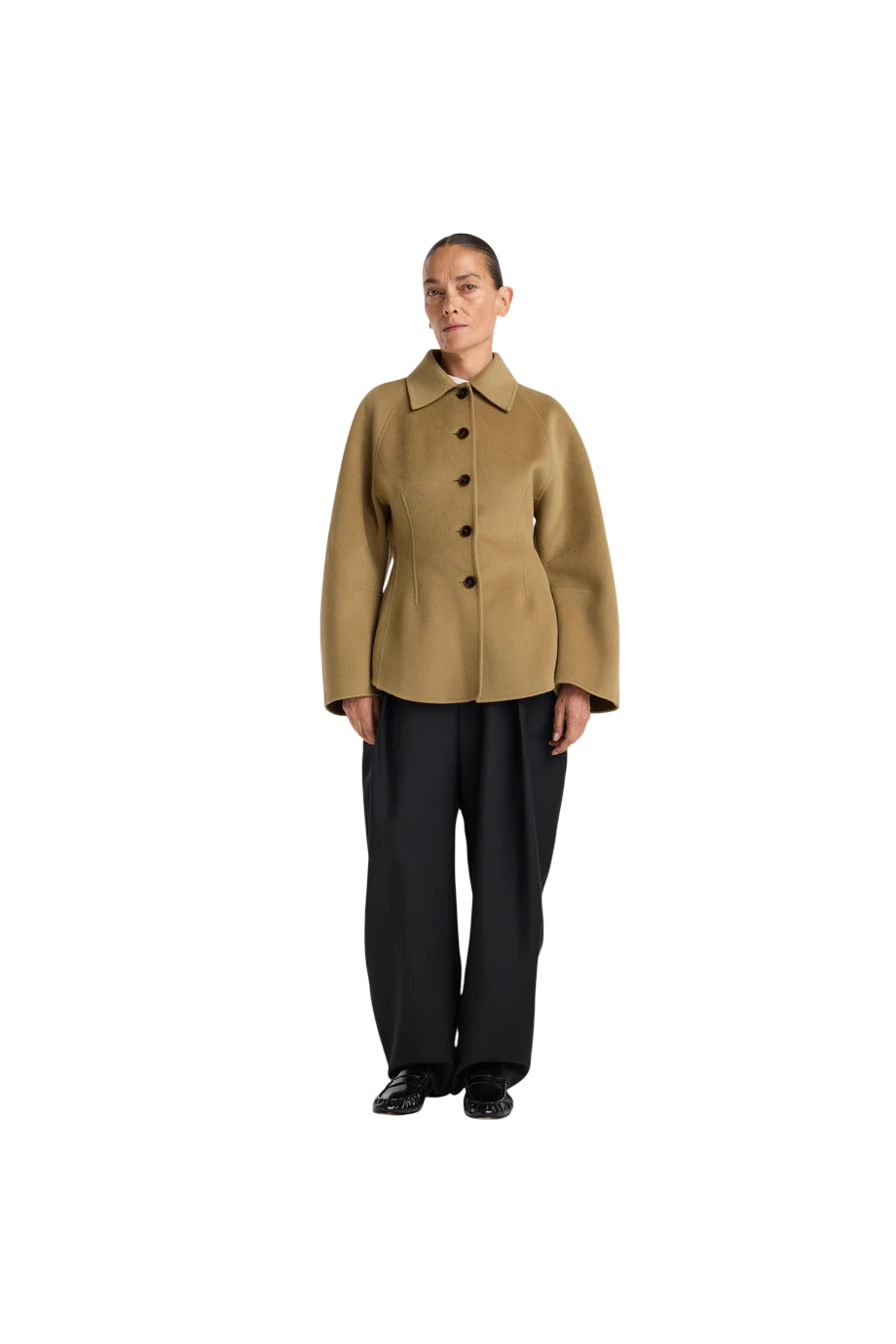 Double-faced sculptural wool and cashmere jacket in camel