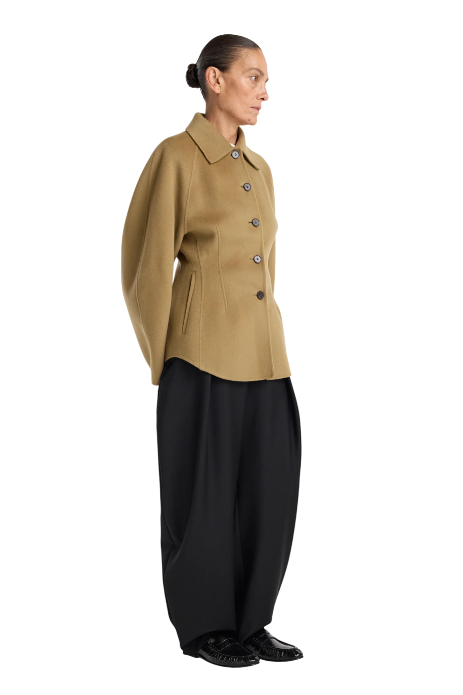 Double-faced sculptural wool and cashmere jacket in camel
