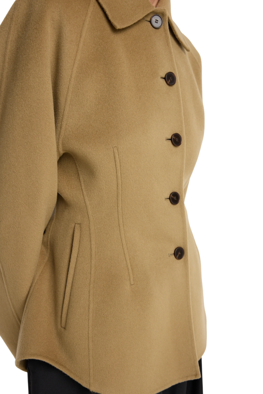 Double-faced sculptural wool and cashmere jacket in camel