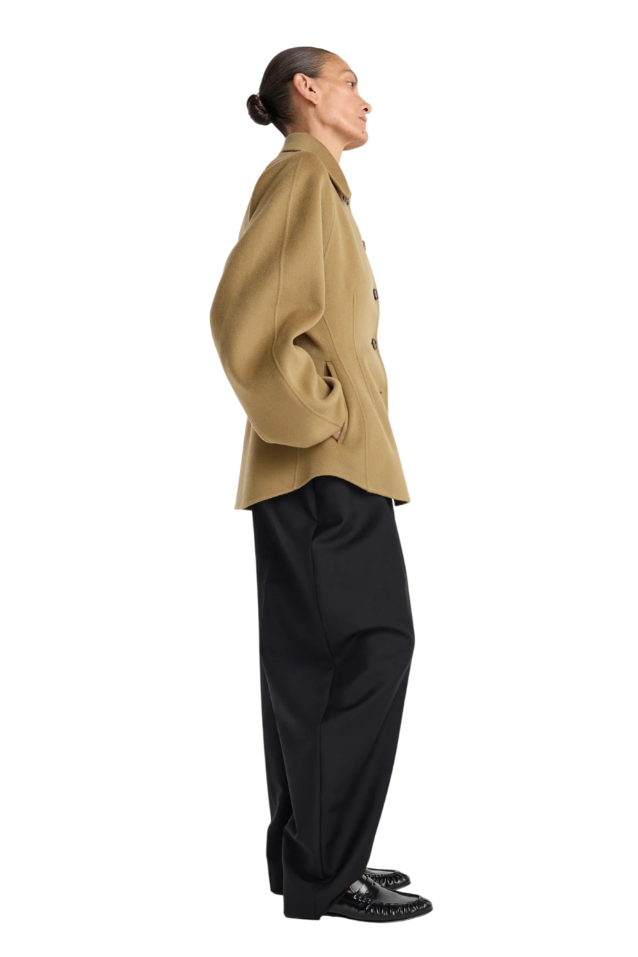 Double-faced sculptural wool and cashmere jacket in camel