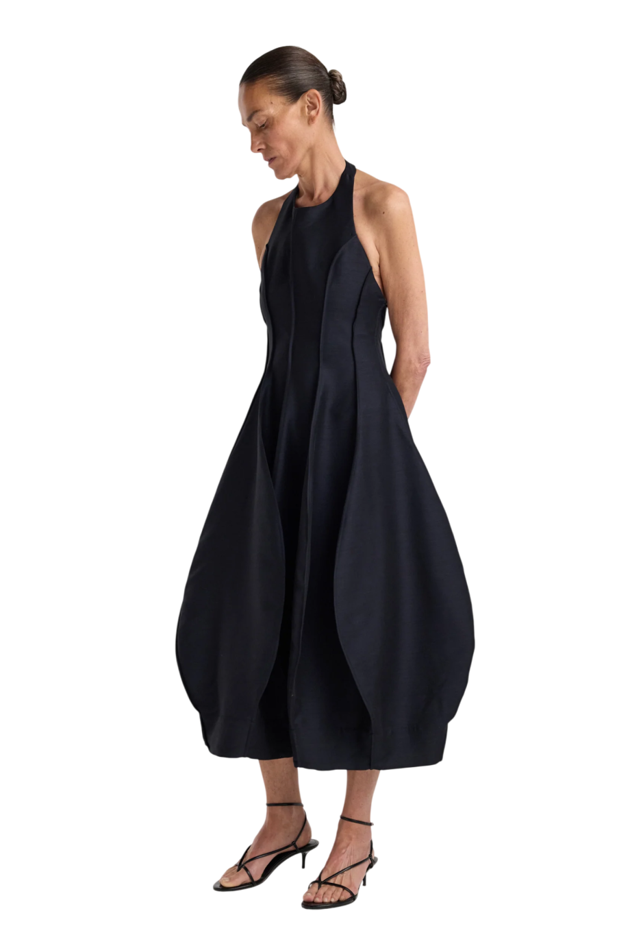 Open-back tulip wool-blend midi dress in night