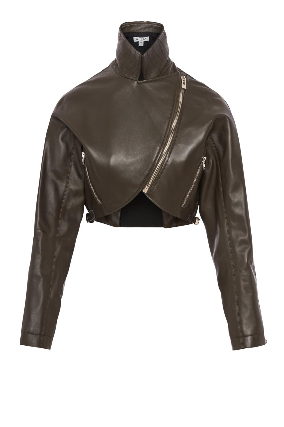 Cropped leather biker jacket in khaki