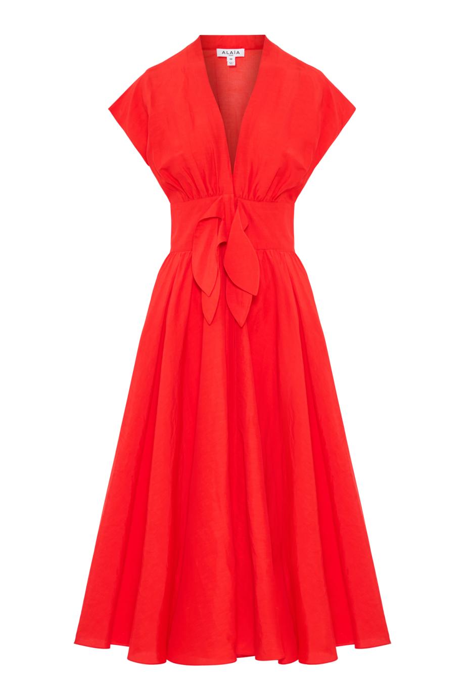 Linen-blend belted midi dress in vermillion