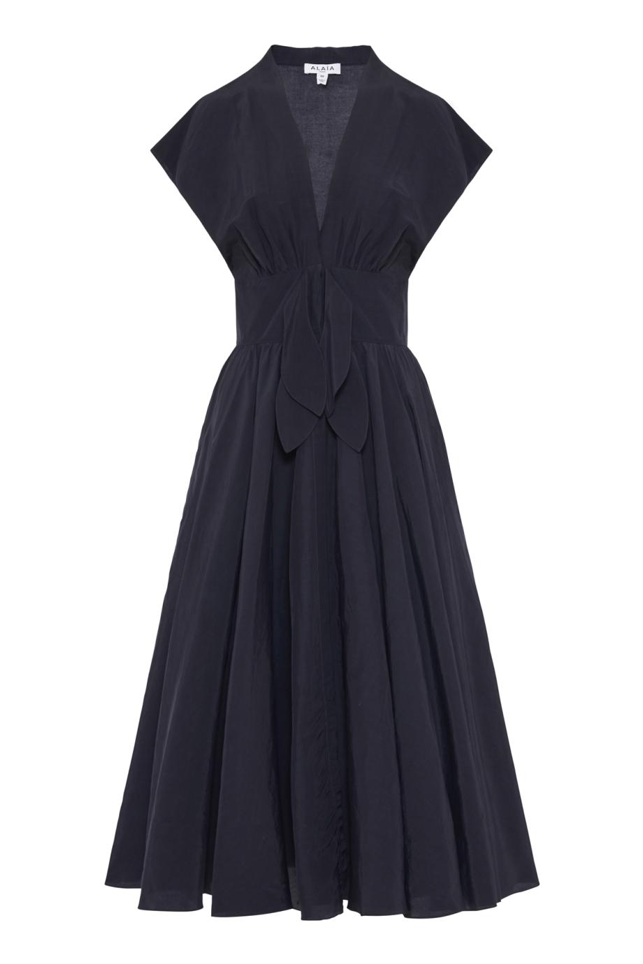 Linen-blend belted dress in navy