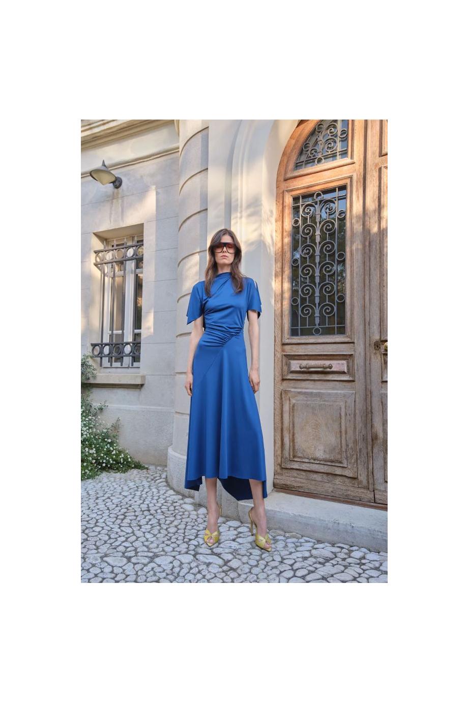 Blousey crepe midi dress in dark ocean