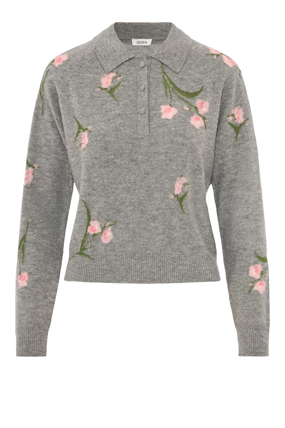 Wool floral polo-neck jumper in grey