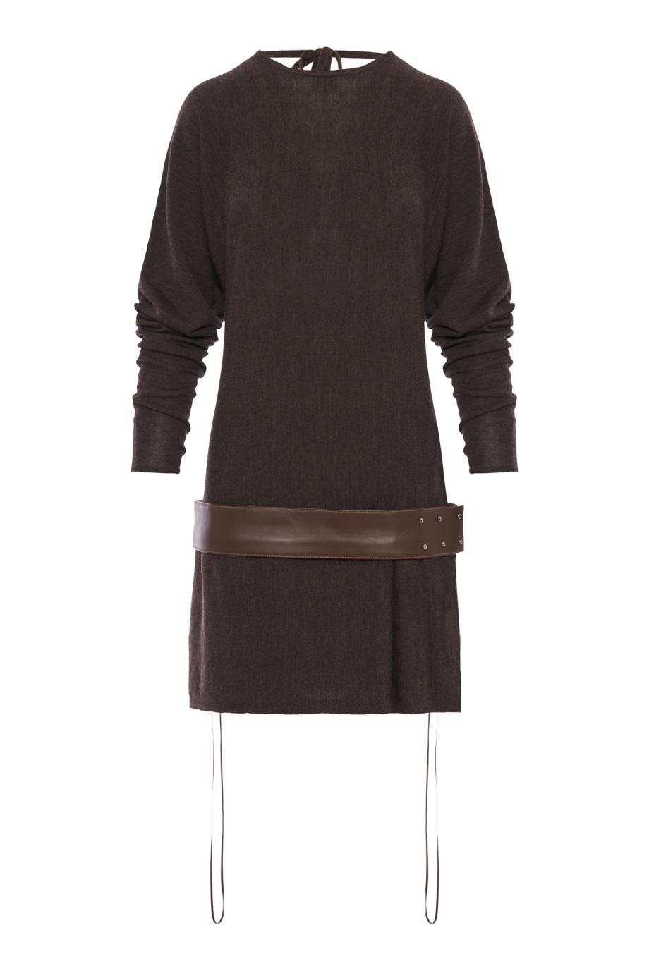 Belted Magyar midi dress in umber