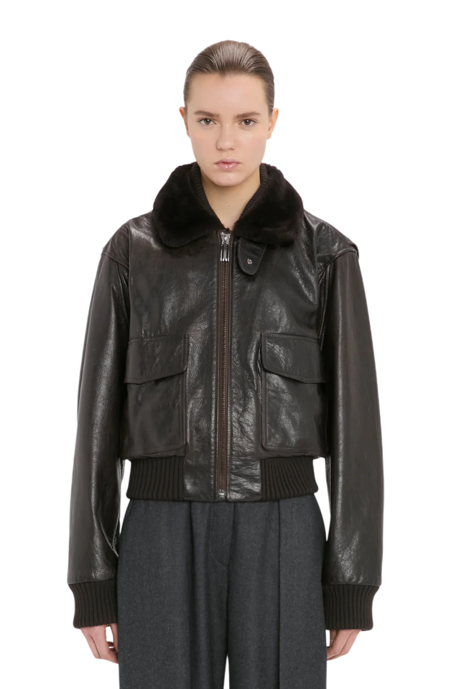 Aviator Shearling-trimmed leather aviator jacket in earth