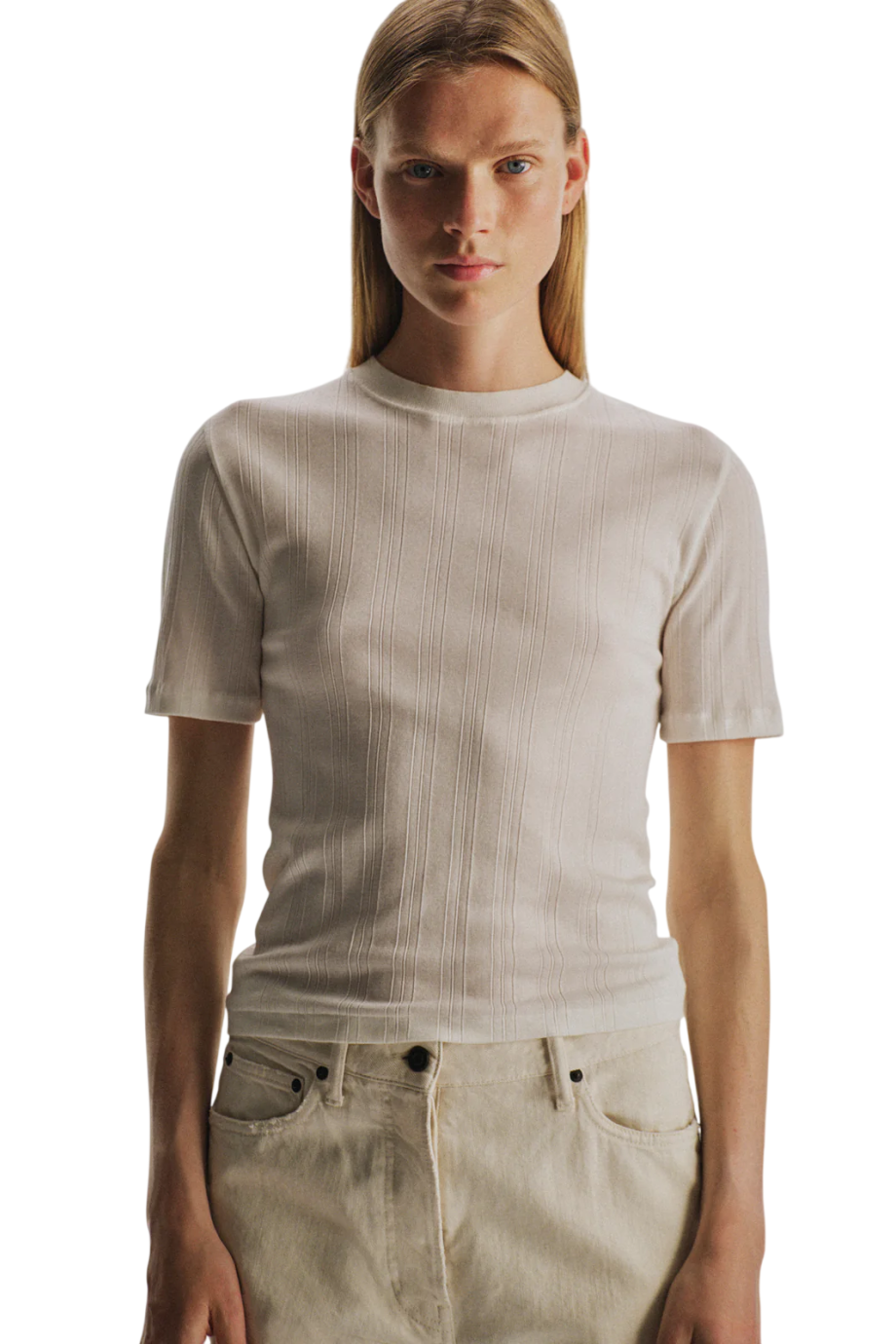 Etina cottonShort-sleeved crewneck top in ivory