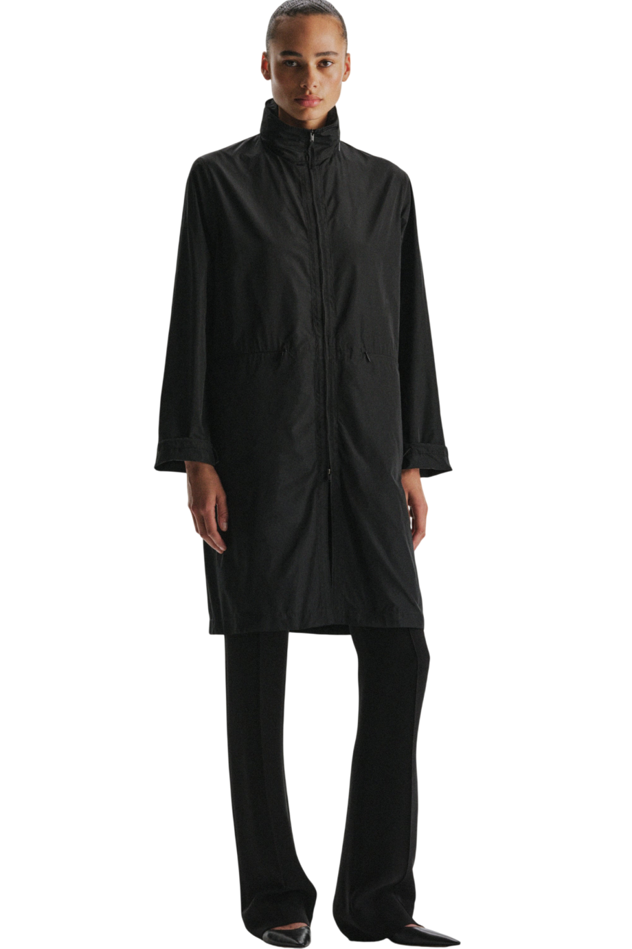 Technical hooded coat in black