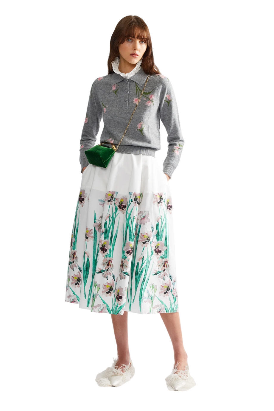 Wool floral polo-neck jumper in grey