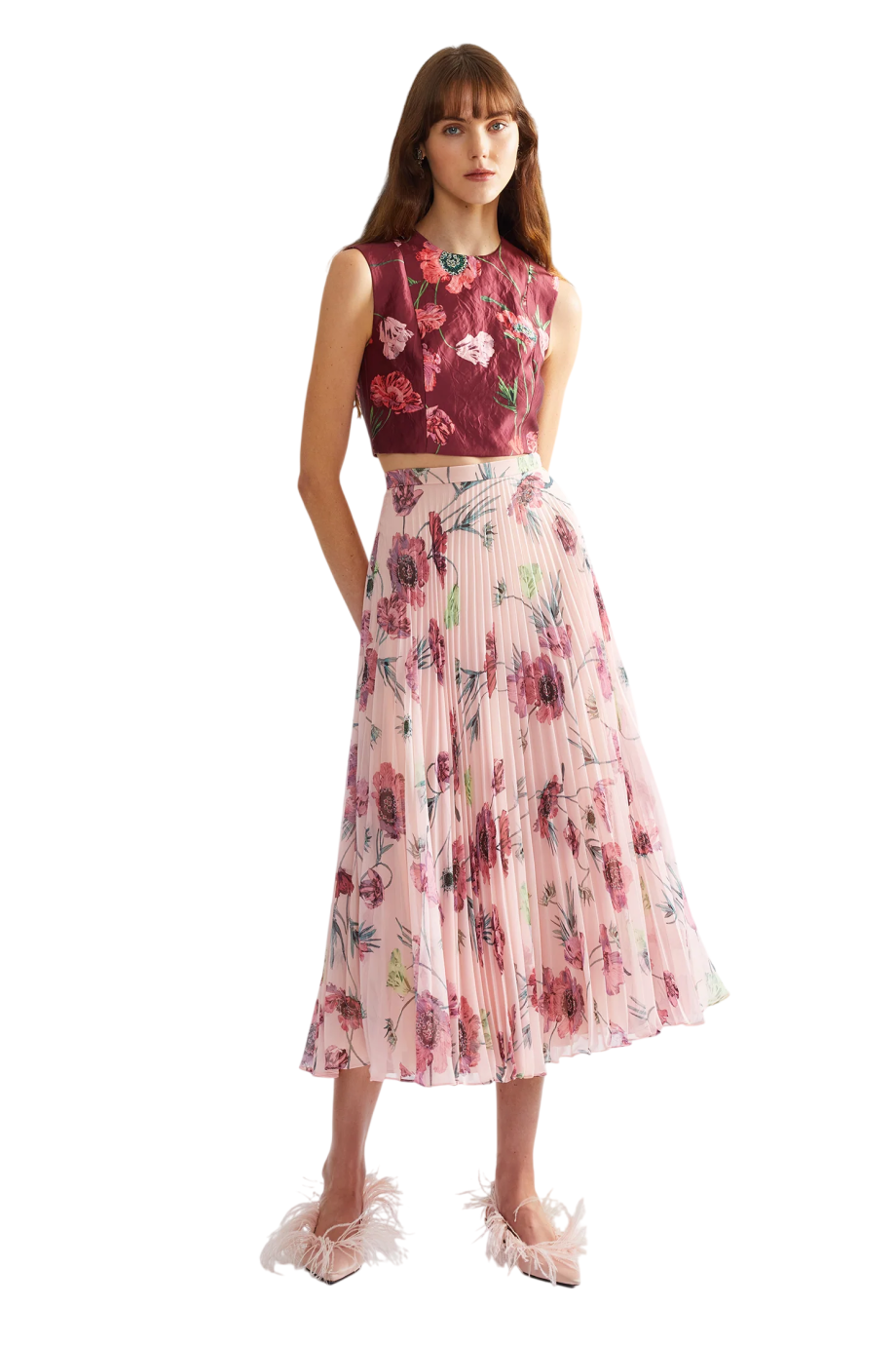 Pleated printed chiffon maxi skirt in poppy blossom