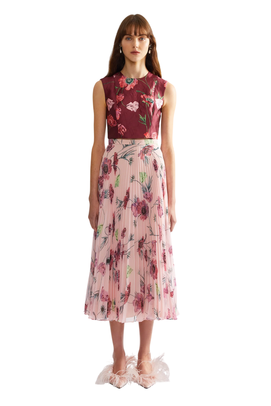 Pleated printed chiffon maxi skirt in poppy blossom