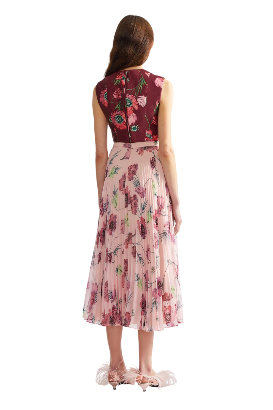 Pleated printed chiffon maxi skirt in poppy blossom