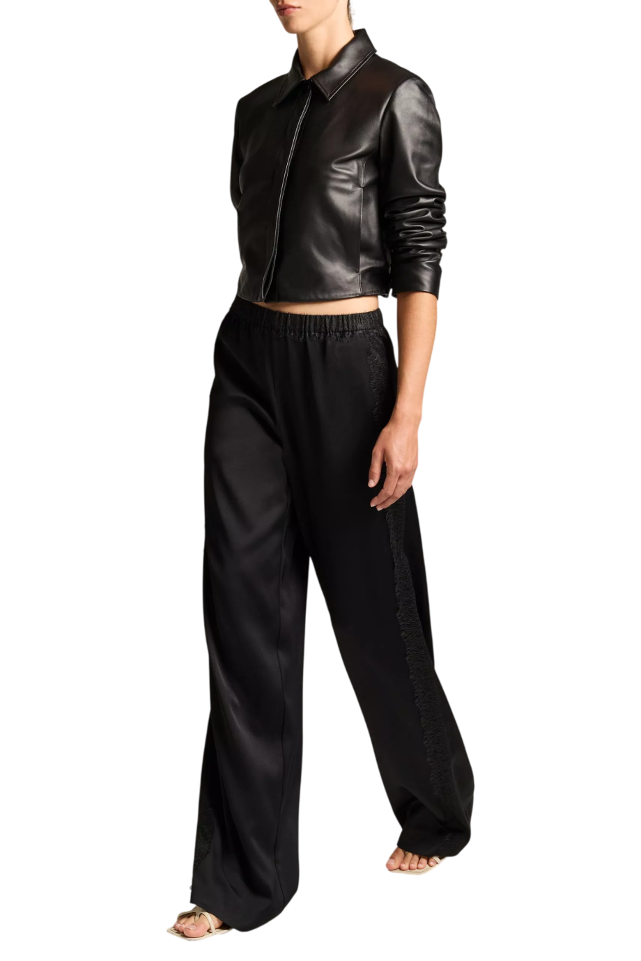 Lace-trimmed crepe pants in black