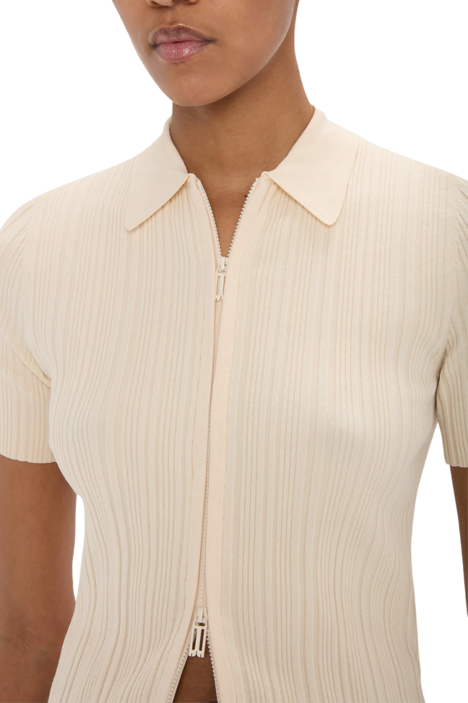 Ribbed polo top in elderflower