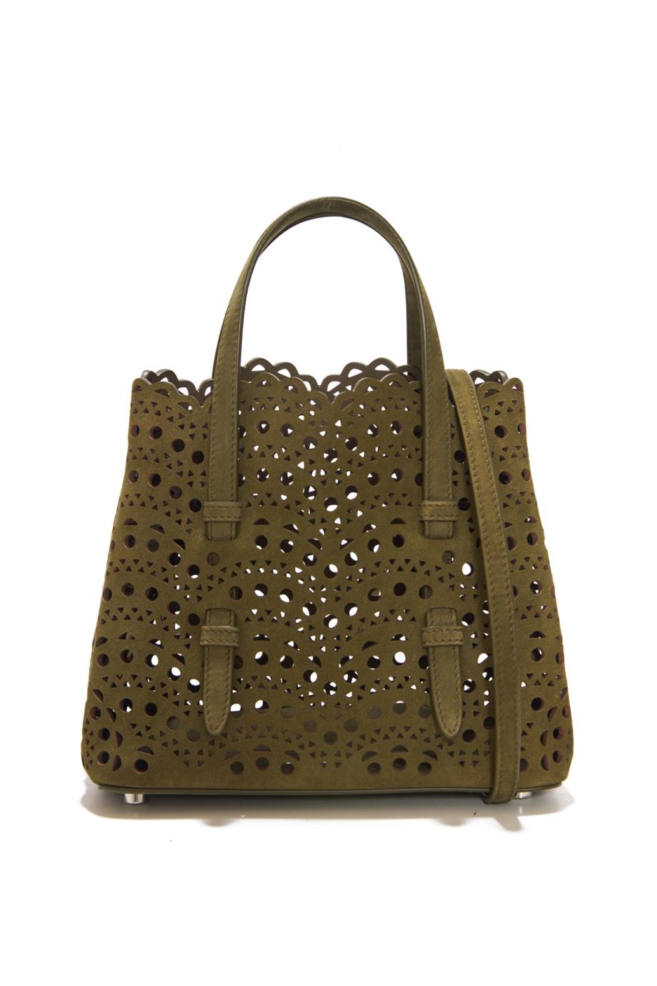 Le Mina 20 suede top handle bag in vert camouflage