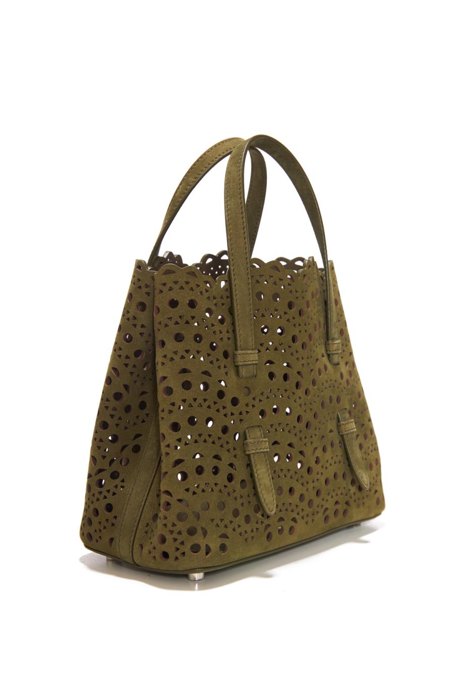 Le Mina 20 suede top handle bag in vert camouflage
