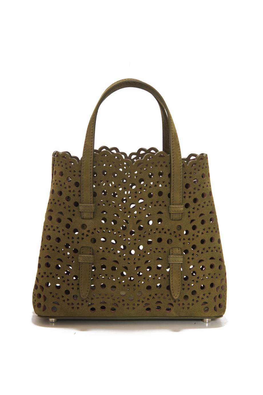 Le Mina 20 suede top handle bag in vert camouflage