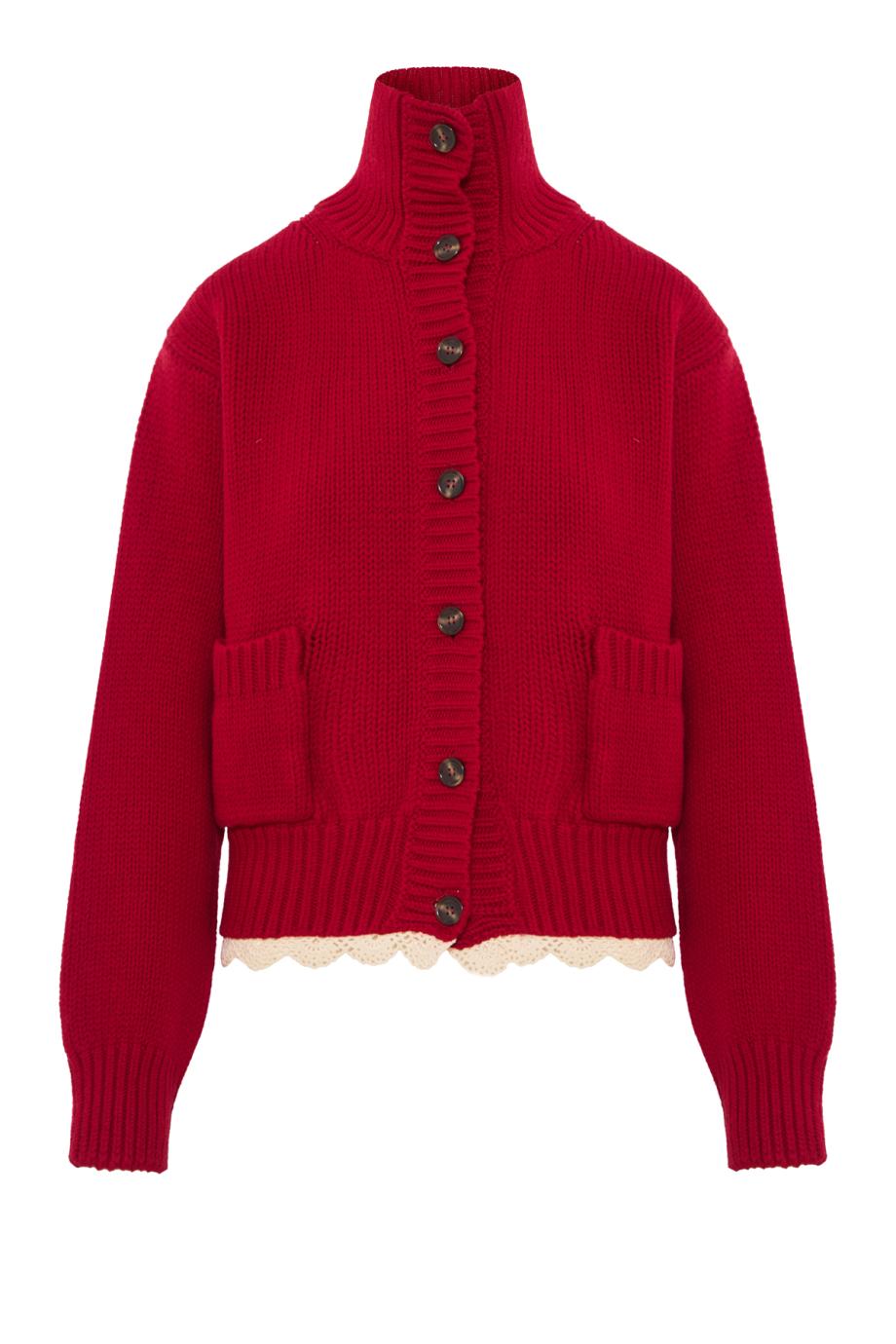 Cinched wool cardigan with high collar and lace trim in red