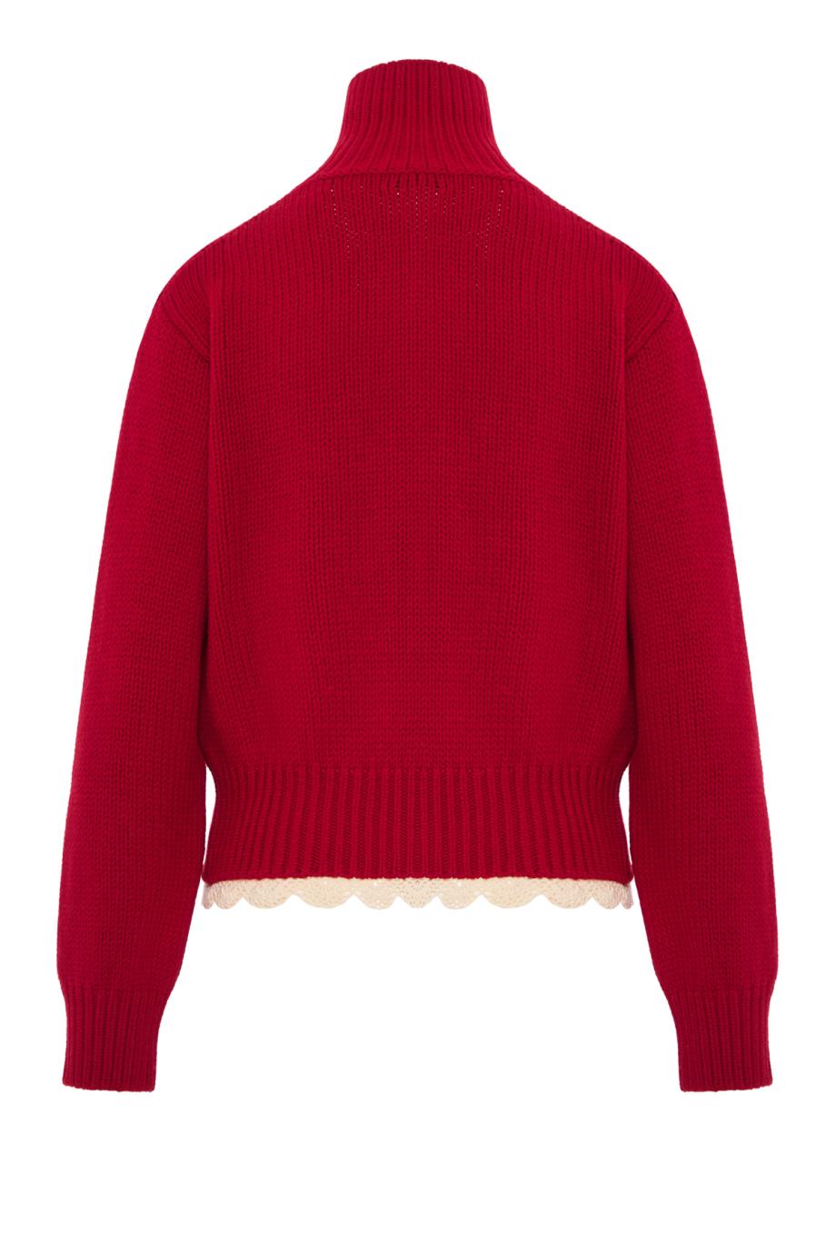 Cinched wool cardigan with high collar and lace trim in red
