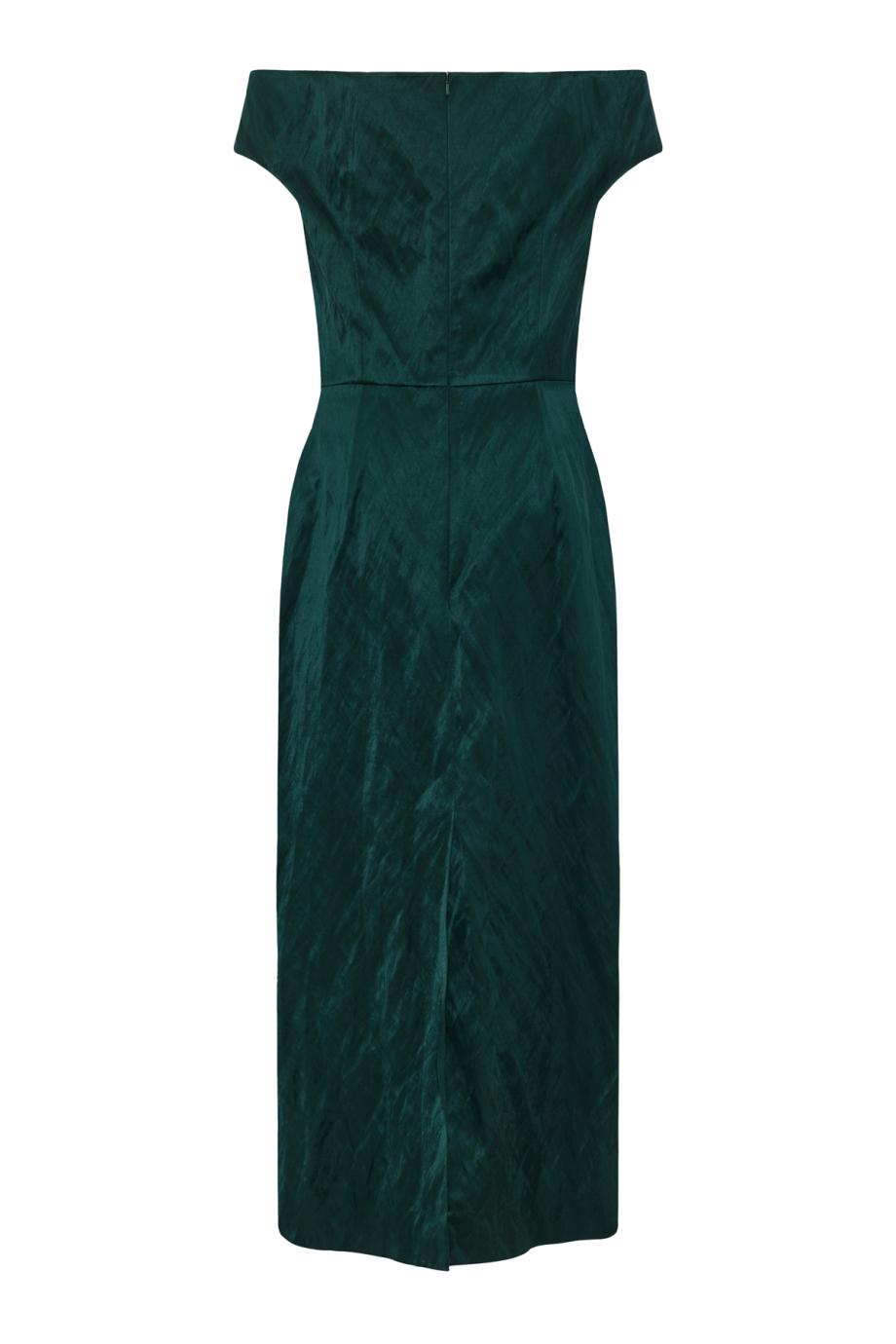 Embroidered satin pencil midi dress in forest green