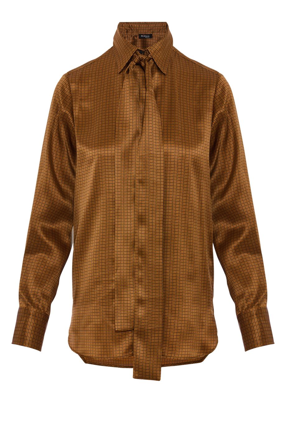 Silk micro-check tie-neck shirt in brown and ochre