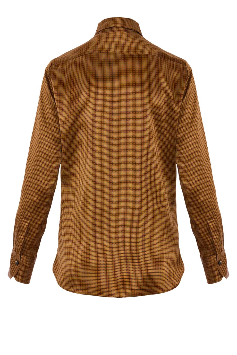 Silk micro-check tie-neck shirt in brown and ochre