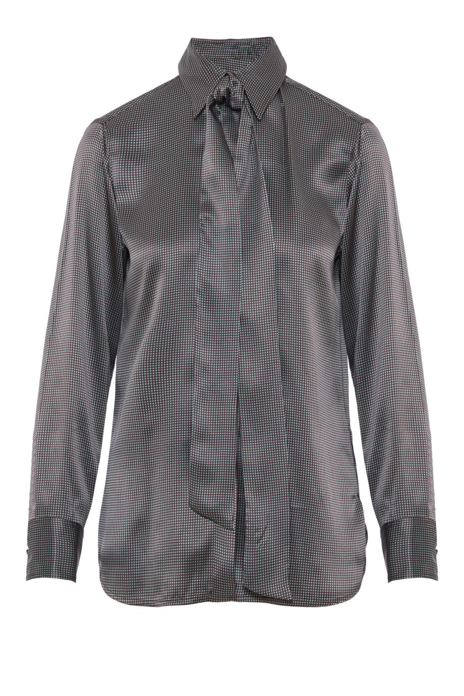 Silk blouse with tie neck in brown and sky