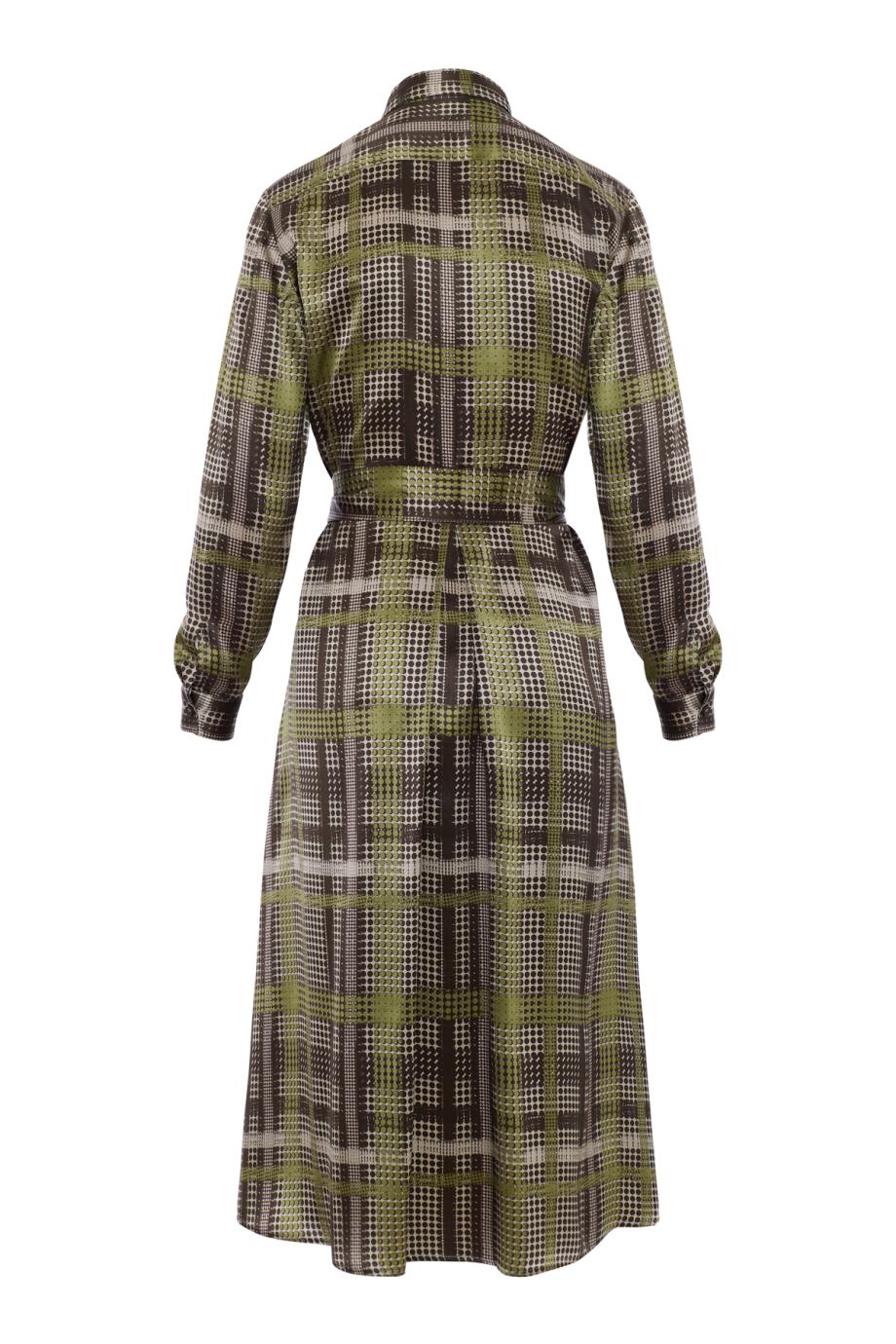 Silk windowpane-check belted shirtdress in taupe and green