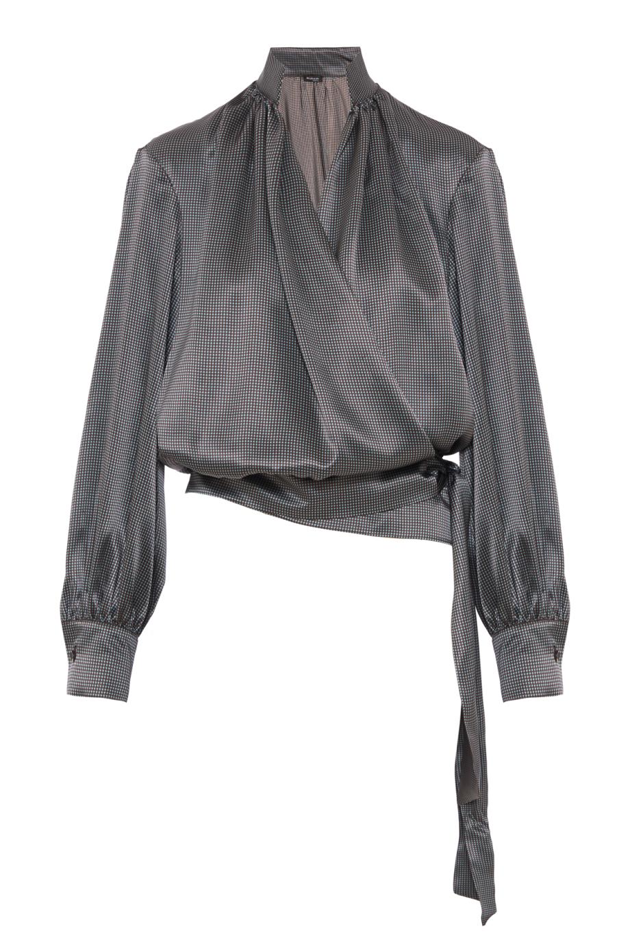 Silk deep-V tie-waist top in brown and sky