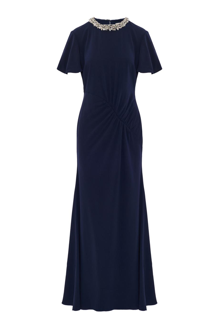 Crystal neckline draped sleeve gown in navy