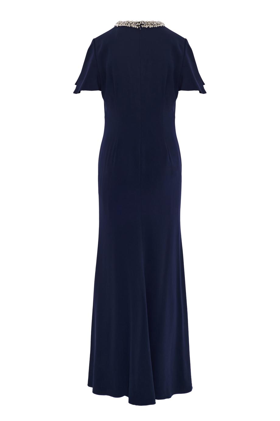 Crystal neckline draped sleeve gown in navy
