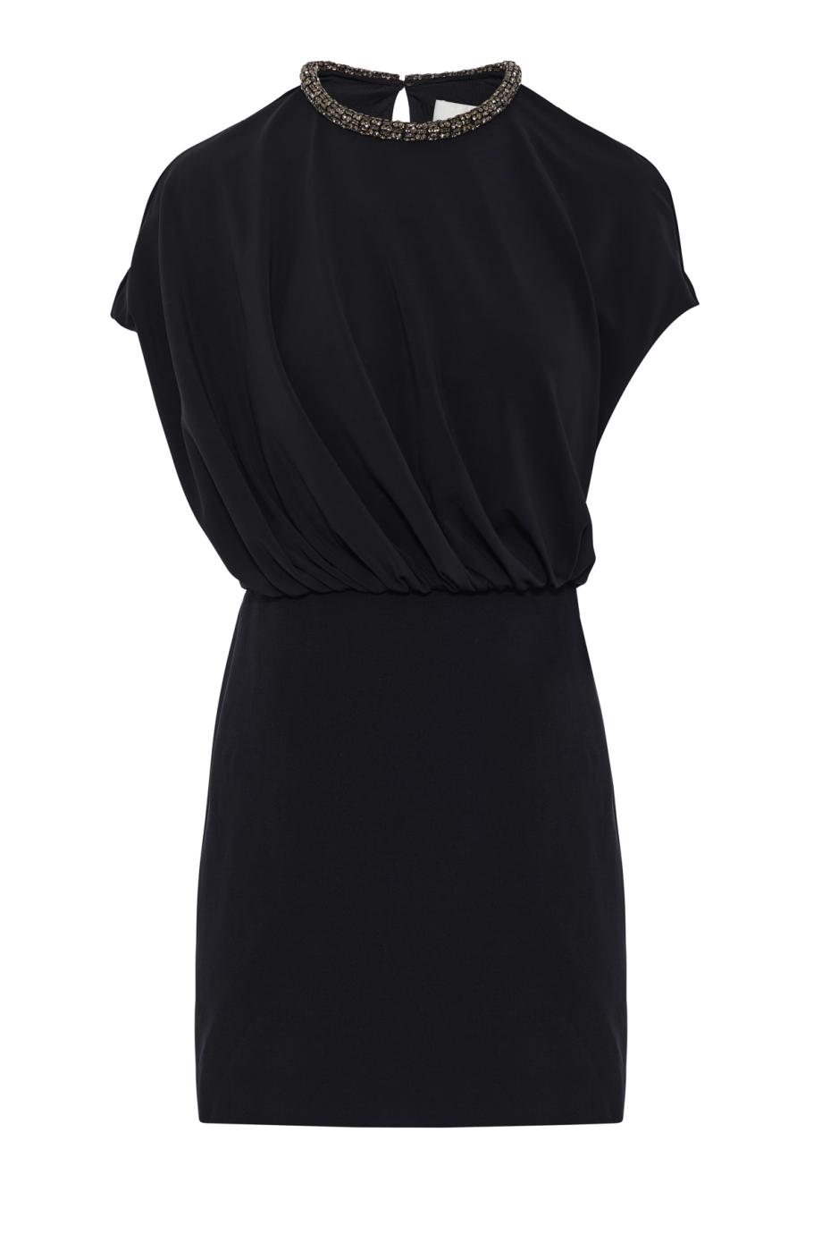 Crystal-neckline blouson mini dress in black