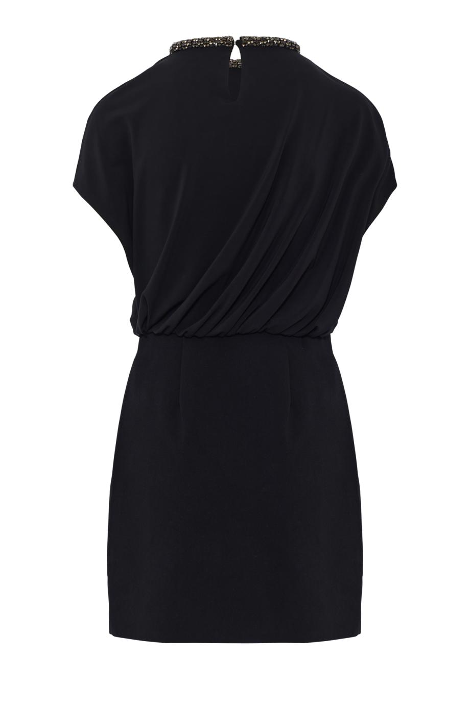 Crystal-neckline blouson mini dress in black