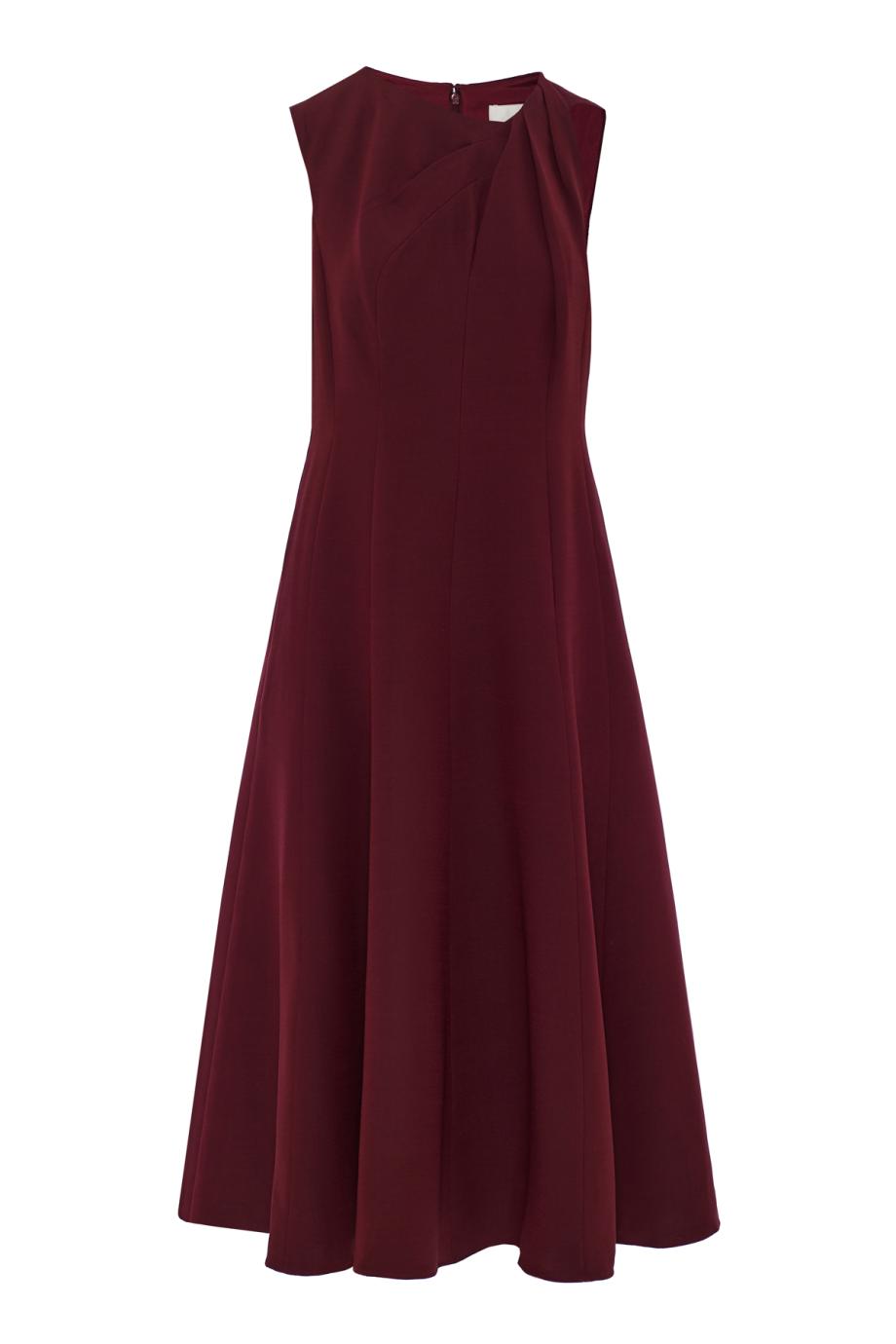 Asymmetrical twist midi dress in burgundy