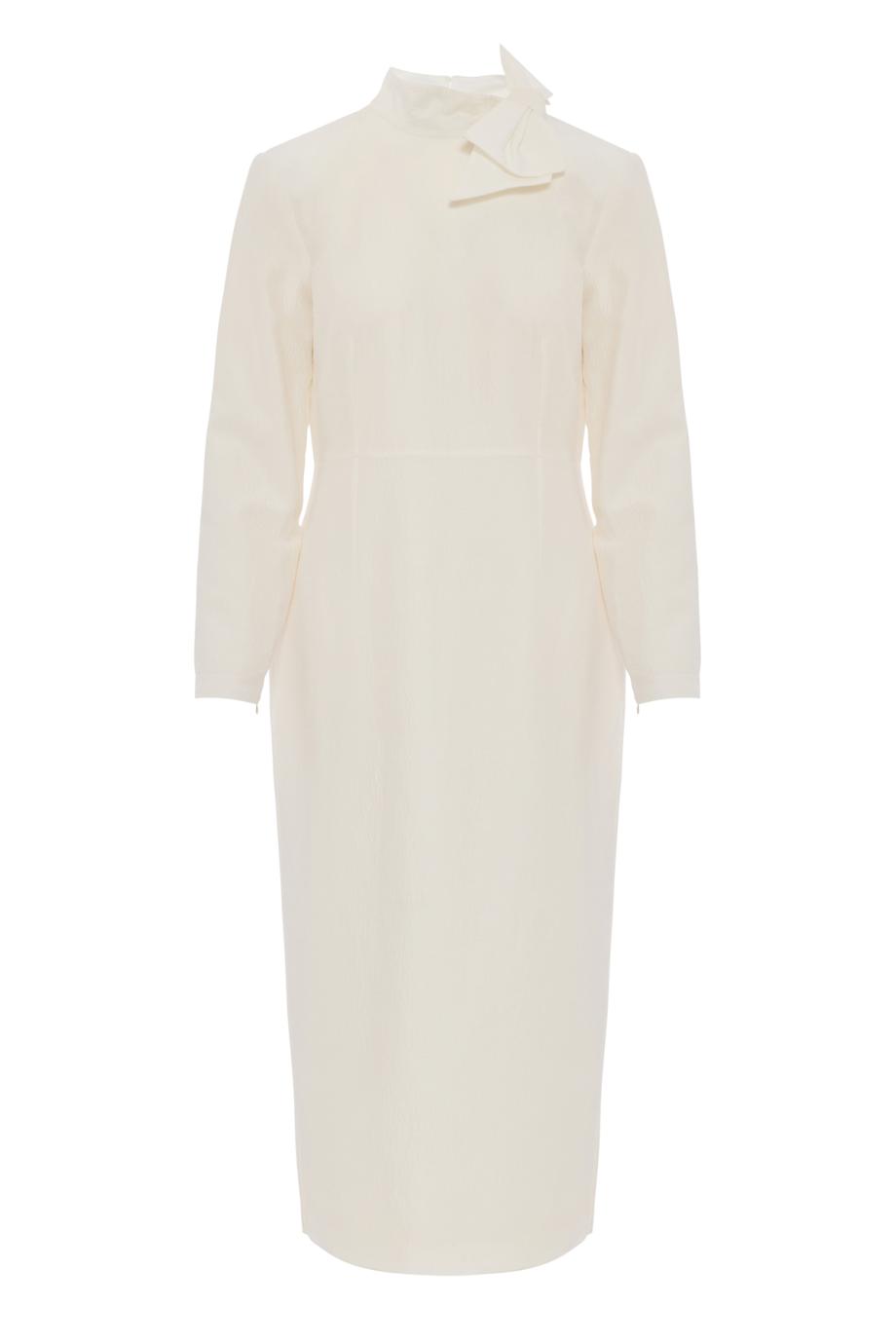 Silk-ramie jacquard bow-neck midi dress in cream